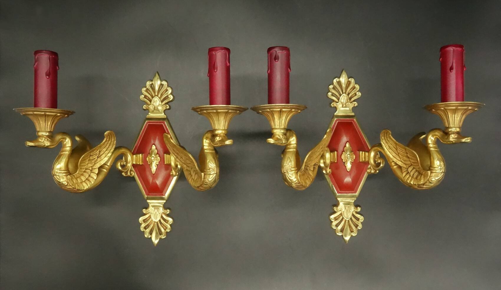 Pair of Empire style swan wall lights from Petitot - bronze & burgundy patina