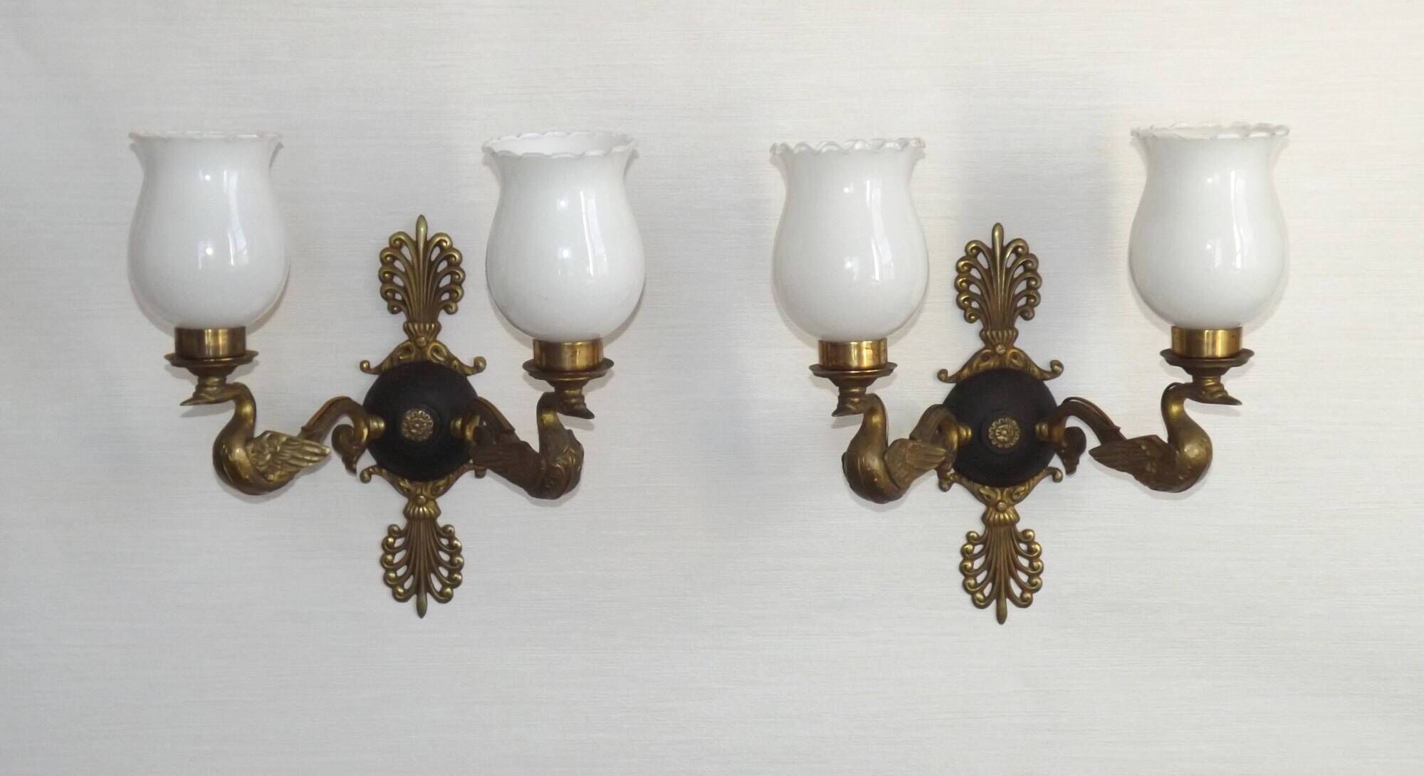 Pair Of Lucien Gau Style Double Swan Wall Lights With Opaque Glass Shades