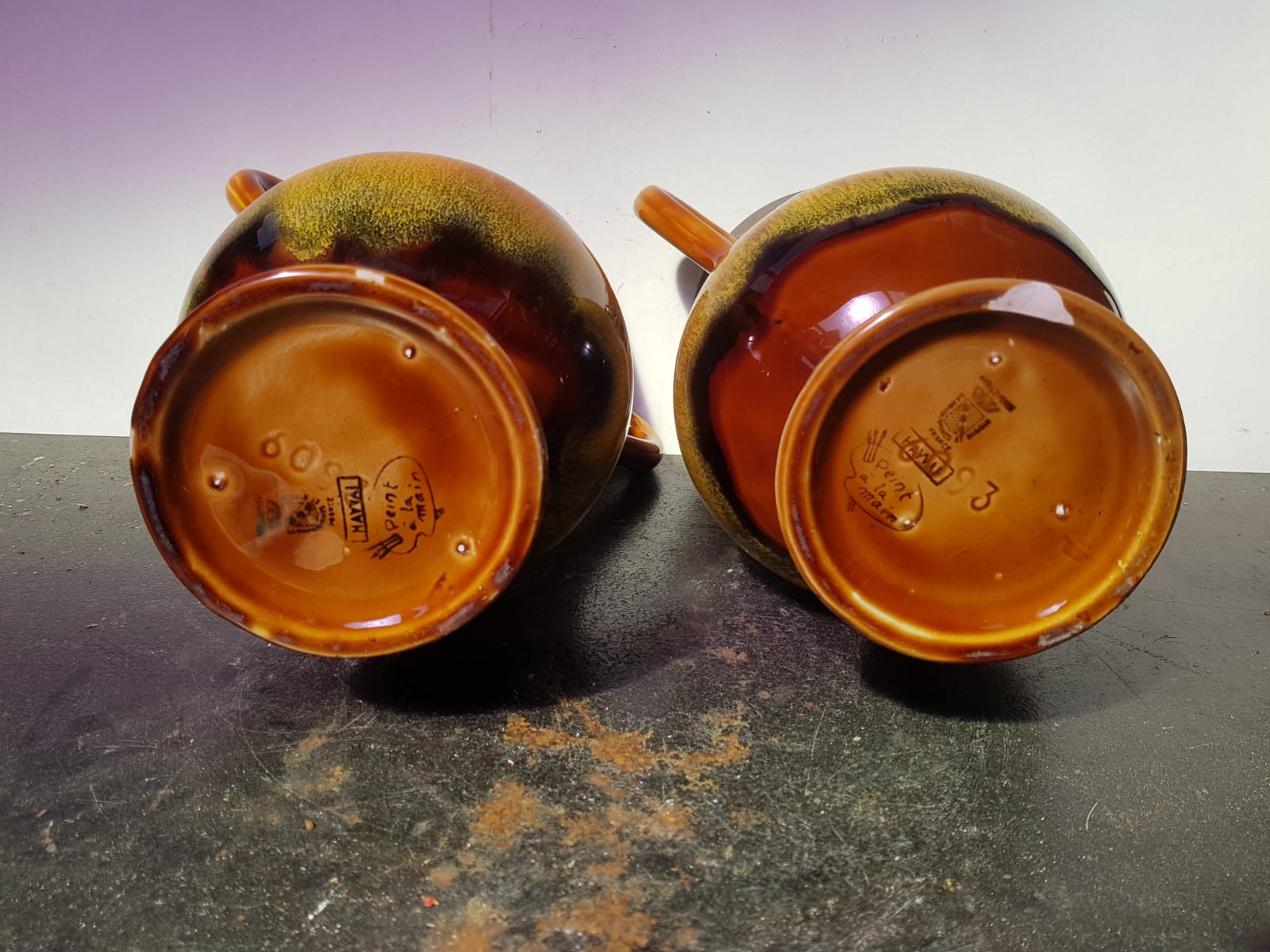 Pair of old Sarreguemines vase Hawaii model vintage multicolor ceramic