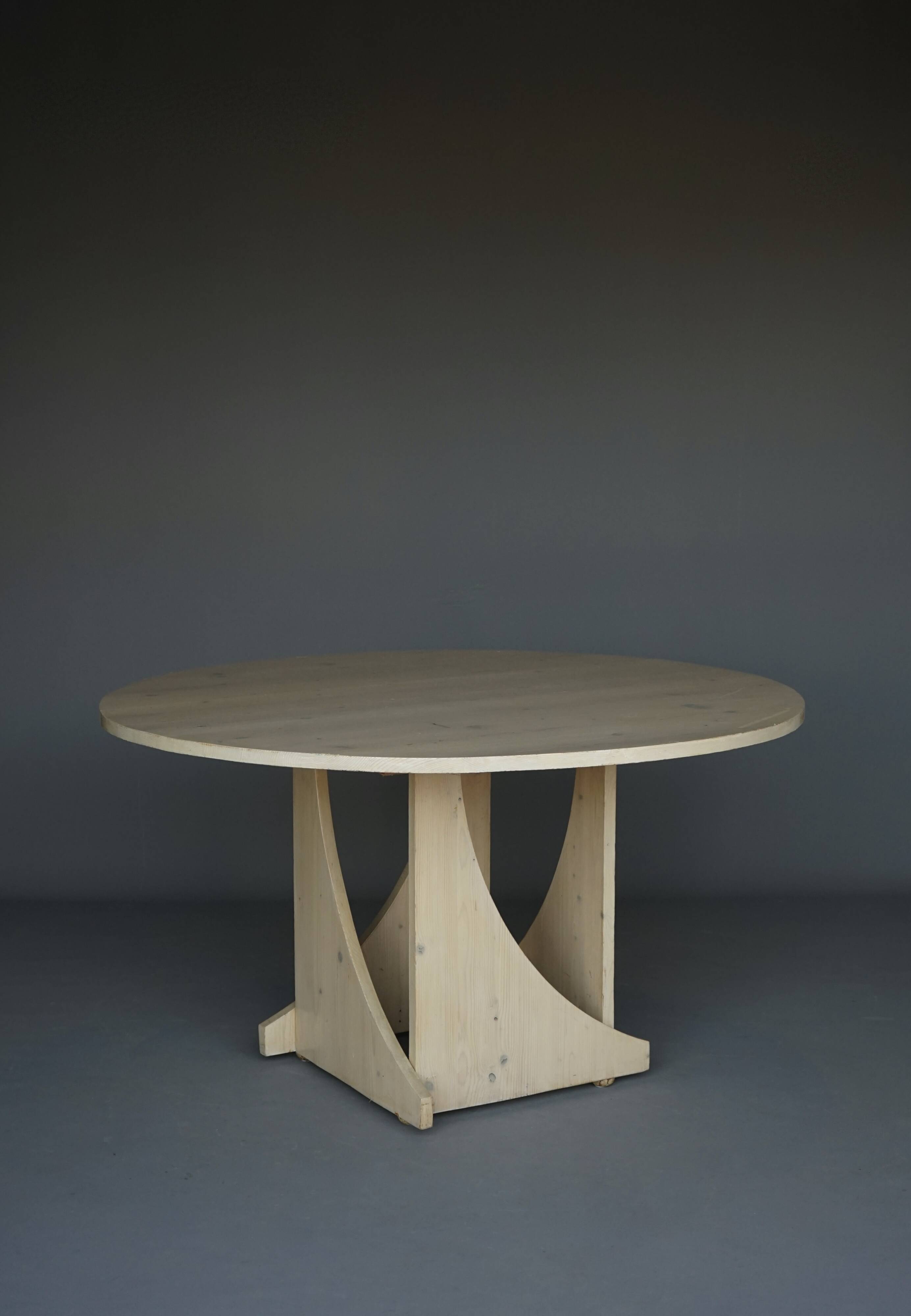 Architectural hand built Dining Table in white washed pine, 1970s