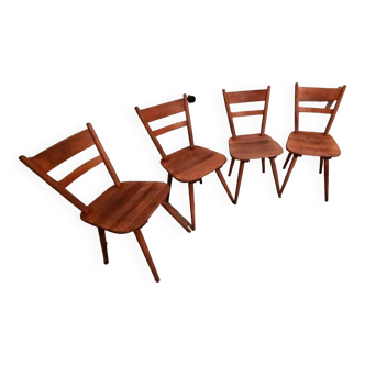 Set de 4 chaises bistrot 1960 bois massif pieds compas