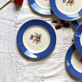 6 assiettes dessert faïence ancienne bleue fleurs dorure Saint Amand