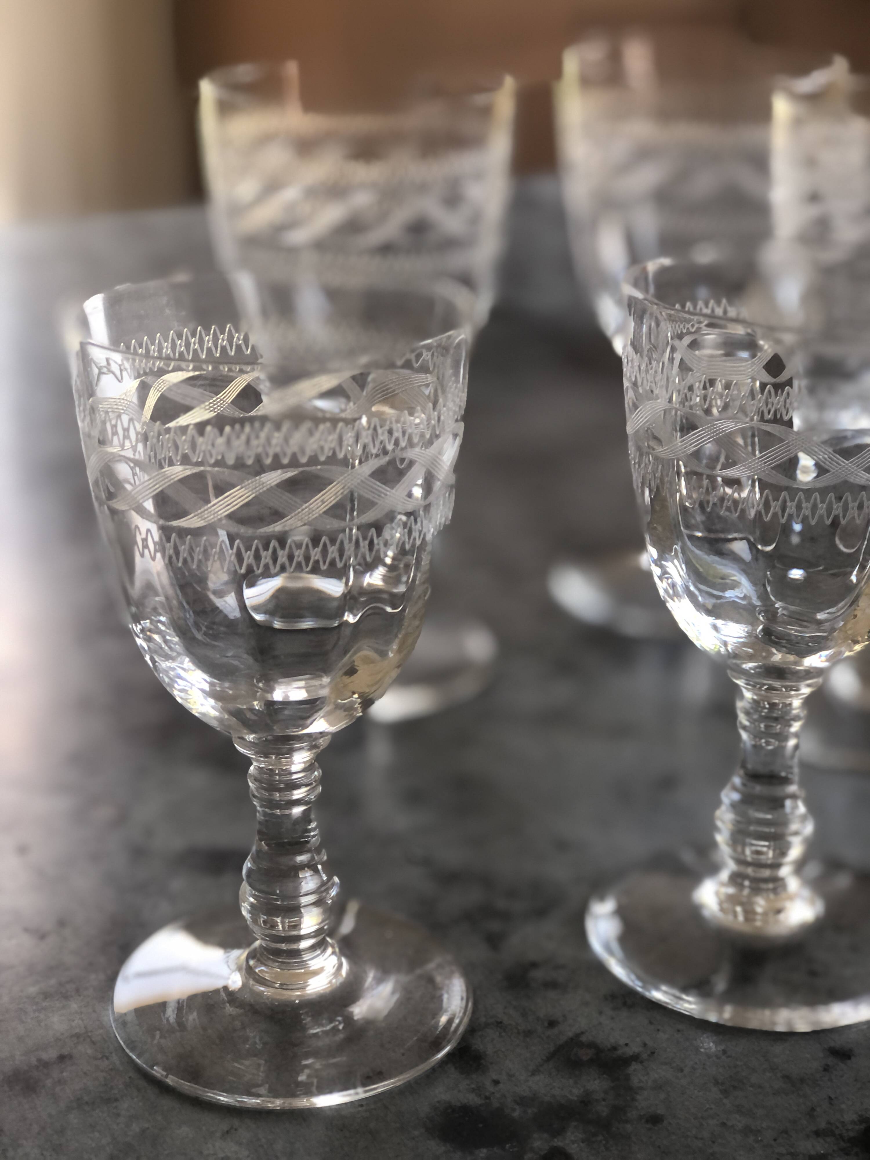 6 old engraved crystal glasses