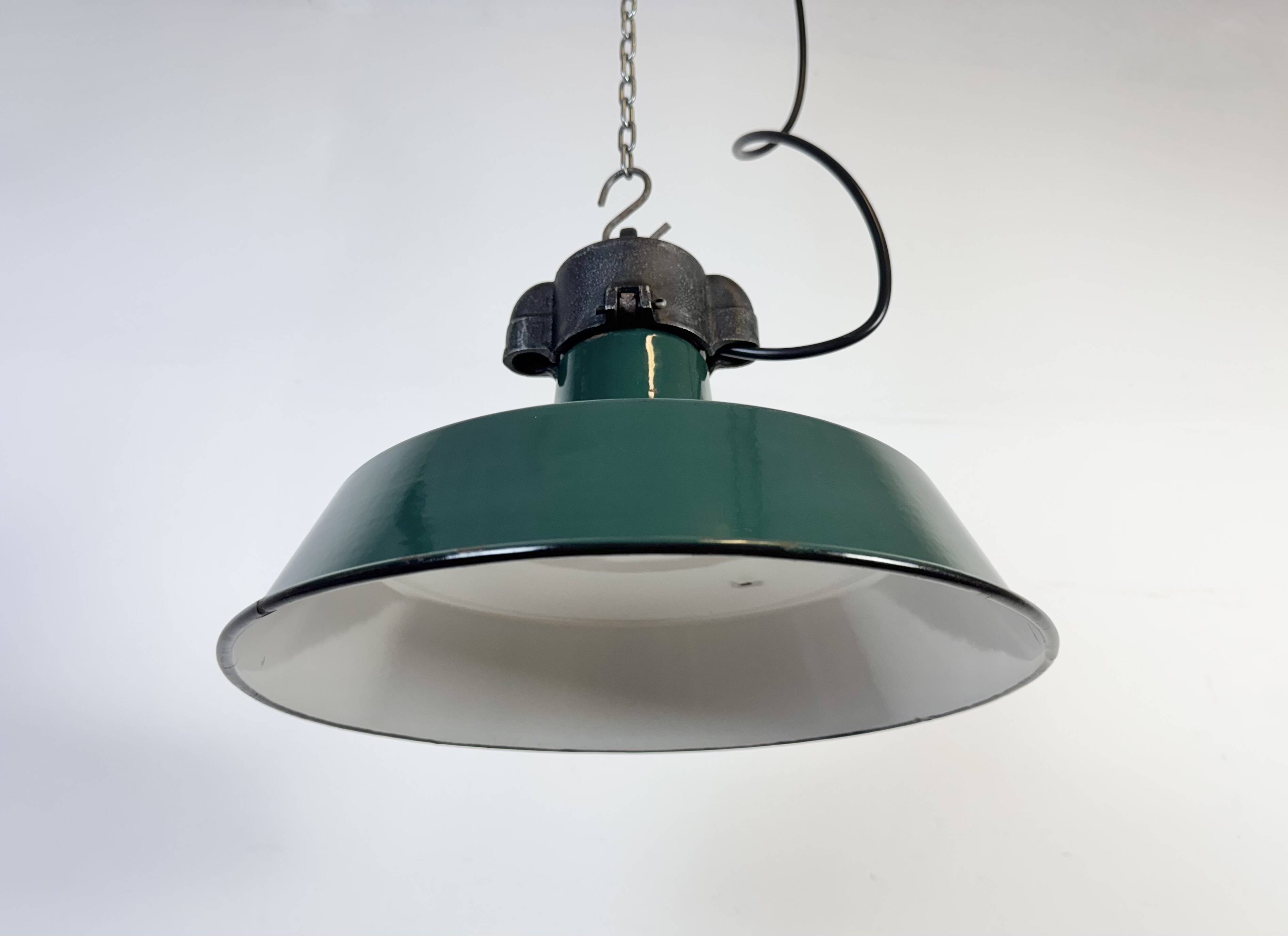 Industrial French Dark Green Enamel Factory Pendant Lamp, 1960s