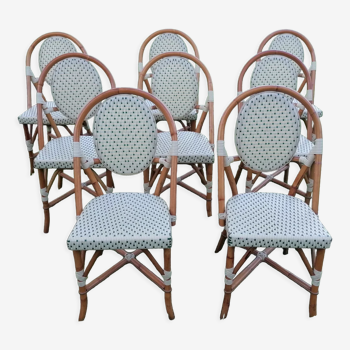 Lot de 8 chaises bistrot en rotin parisienne tressage vert et écru