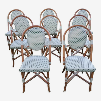 Set of 8 Parisian rattan bistro chairs braiding green and ecru