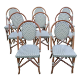 Set of 8 Parisian rattan bistro chairs braiding green and ecru