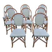 Set of 8 Parisian rattan bistro chairs braiding green and ecru
