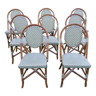 Lot de 8 chaises bistrot en rotin parisienne tressage vert et écru
