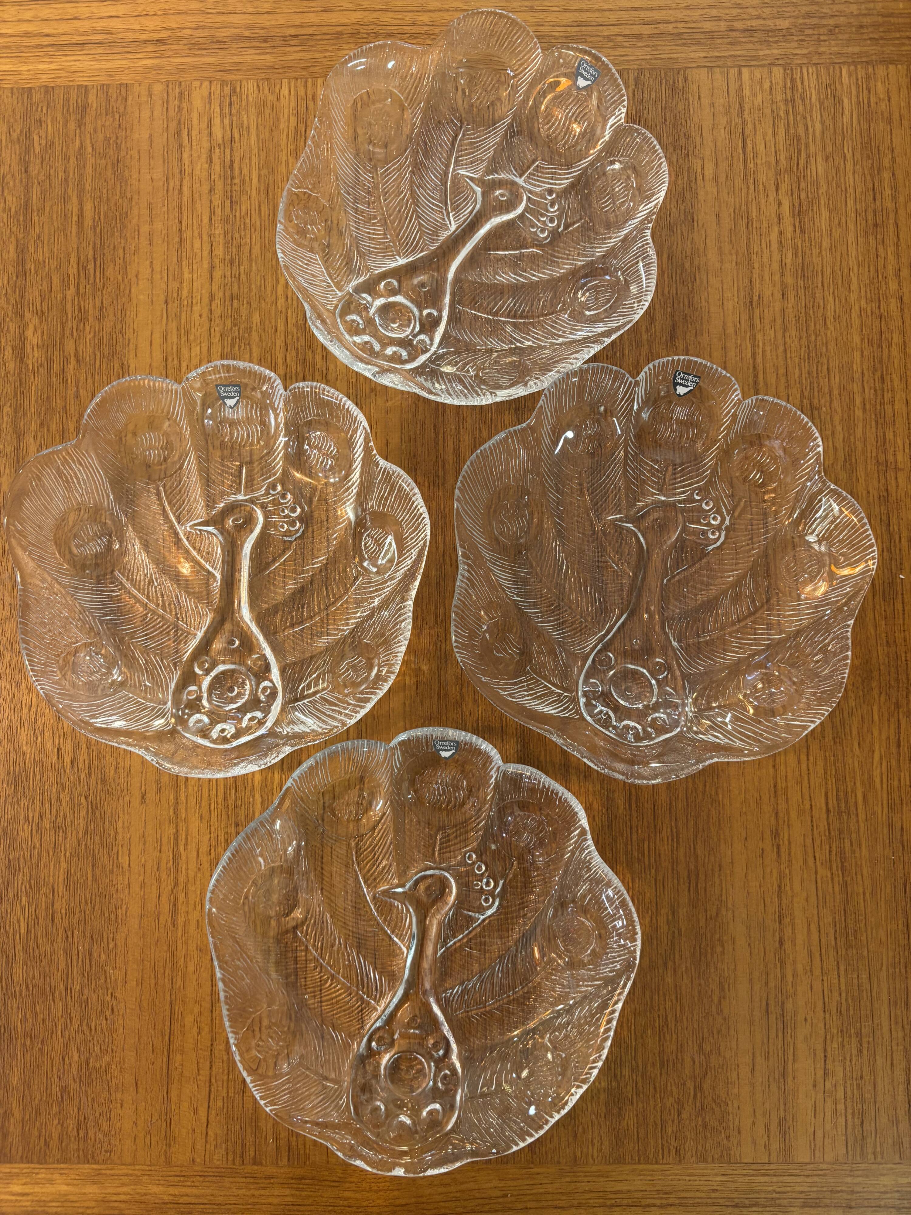 Assiette, Peakcock, verre de cristal, Lars Hellsten, Orrefors, Suède, 1970