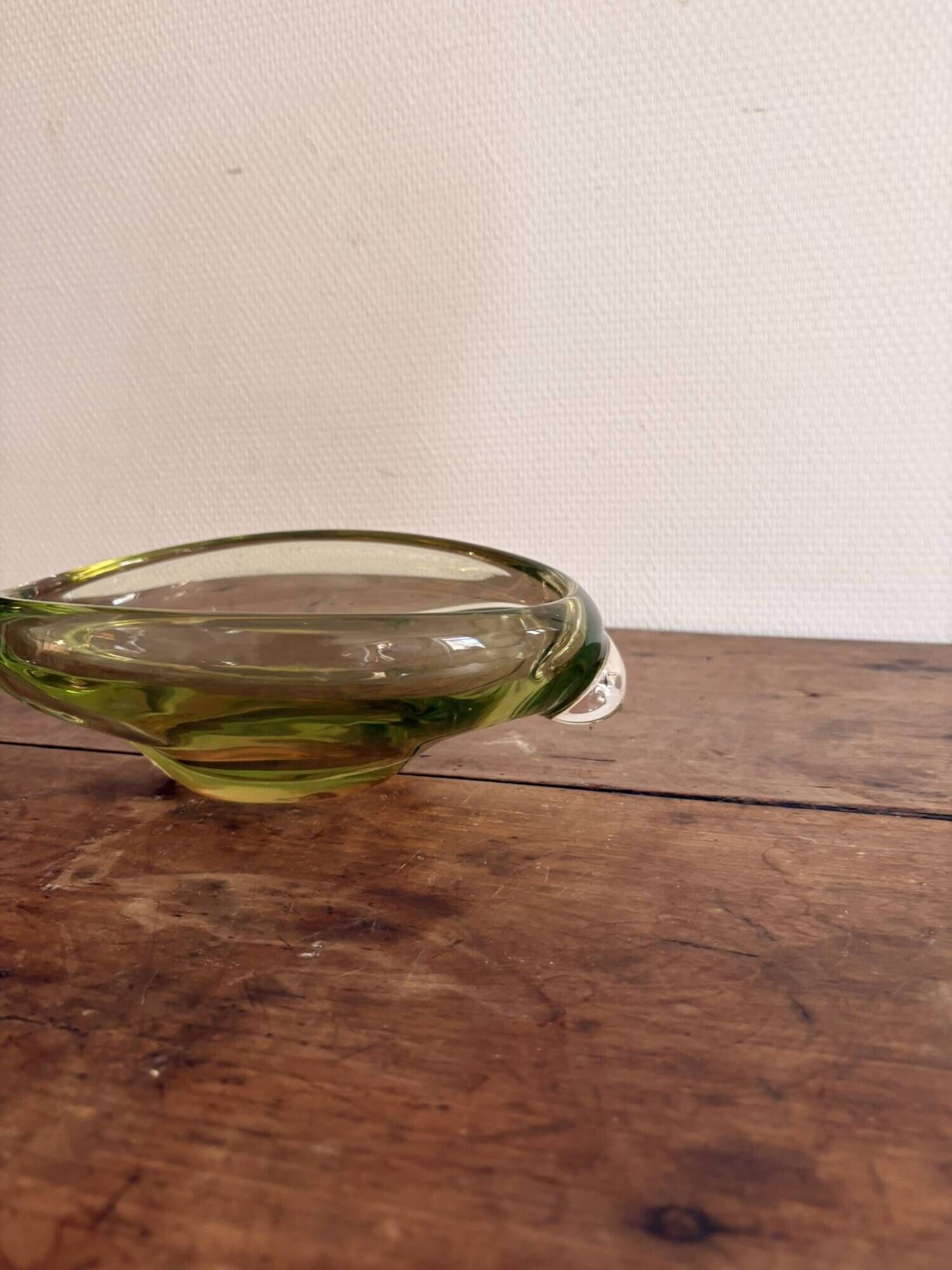 Old Pocket Bowl Fruit Dish Green Olive Crystal Bohemian Czechoslovakian
