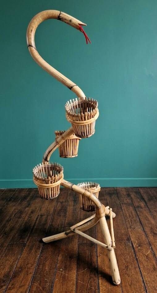 Vintage Cobra Snake Plant Stand in Bamboo and Rattan