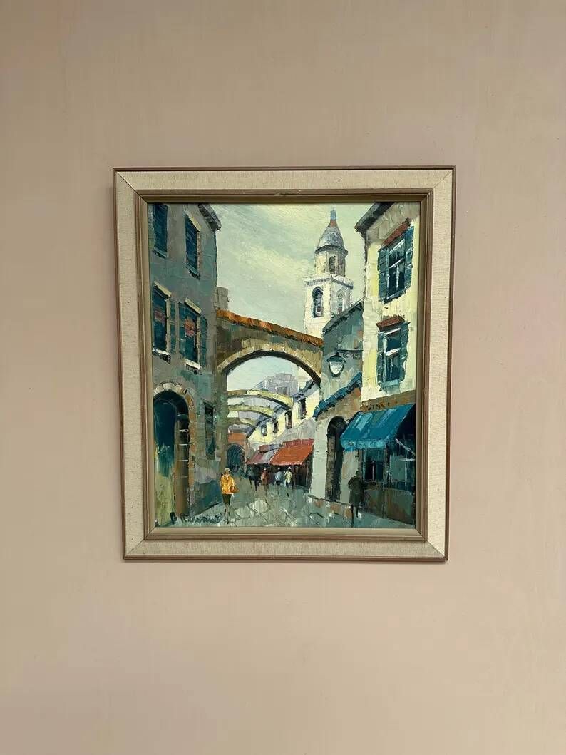 Original Swedish Oil on Canvas –“Market Alley” by B. Komino – Signed – Vintage & Framed –57 × 61 cm