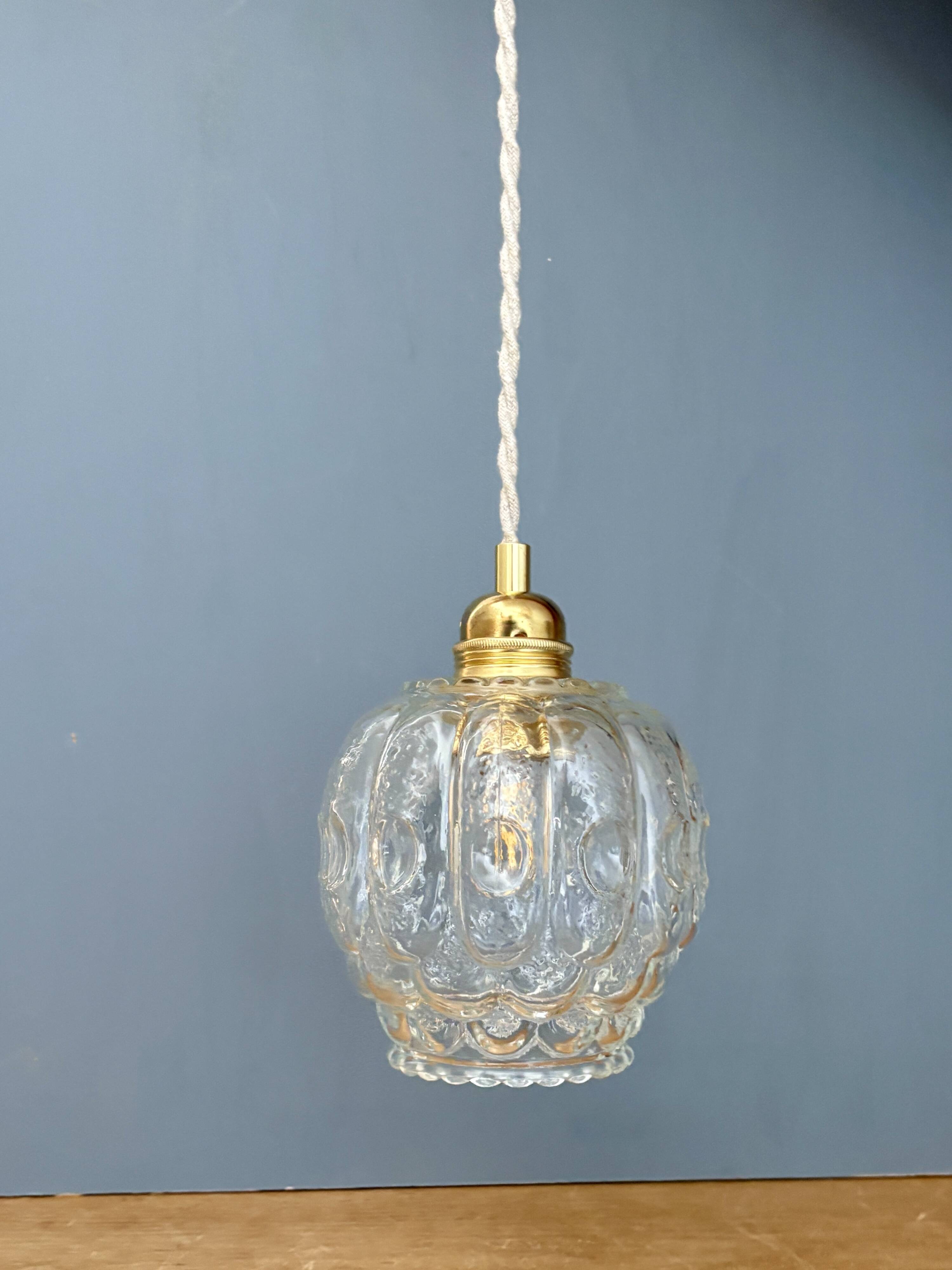 Vintage clear molded glass globe pendant light