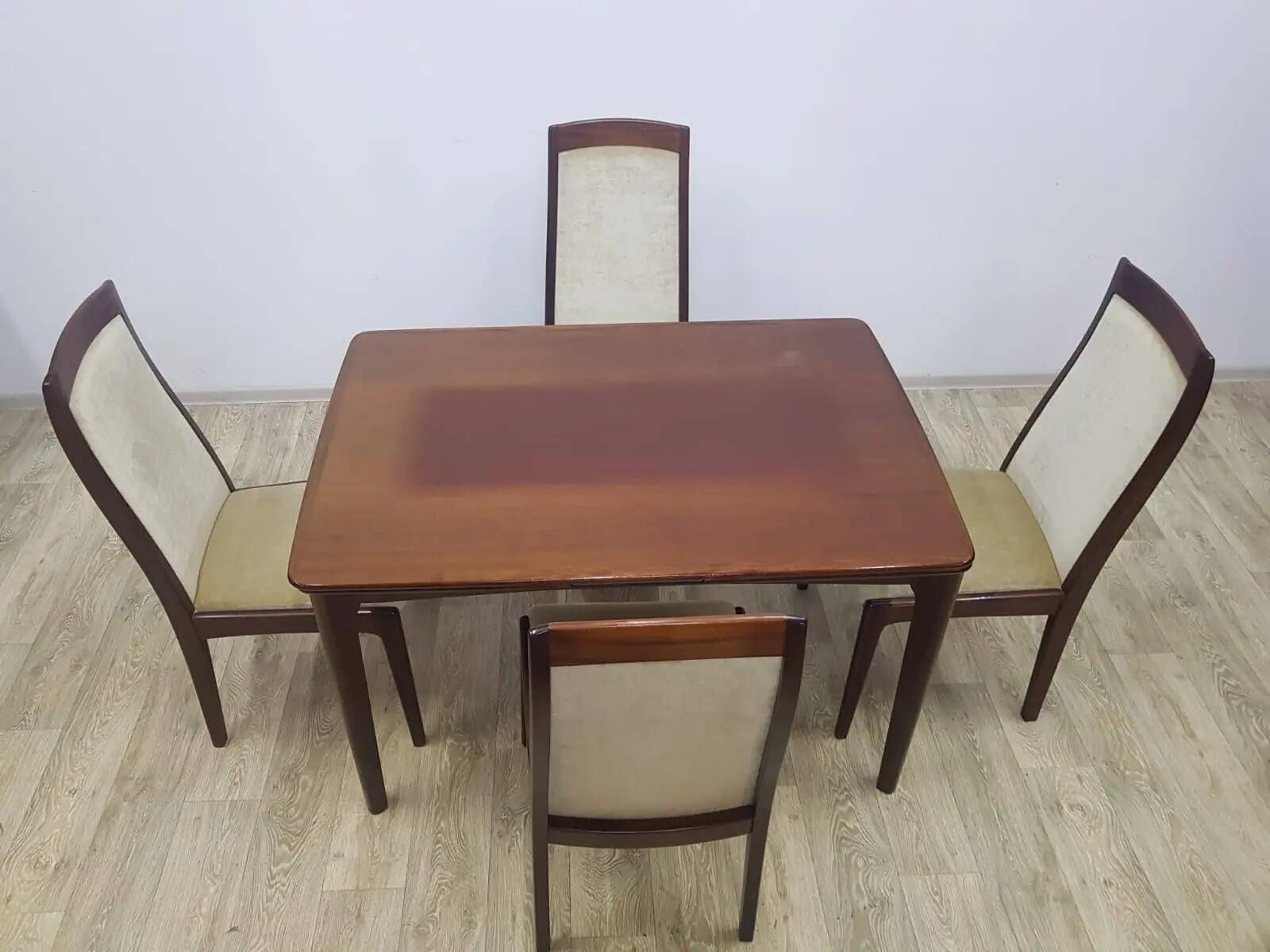 Table and four chairs set, brown wood, beige fabric, Denmark, 1970s.