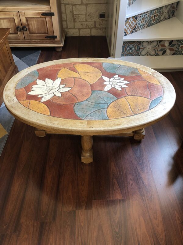 Table basse bois et céramique signée Louis Barrois
