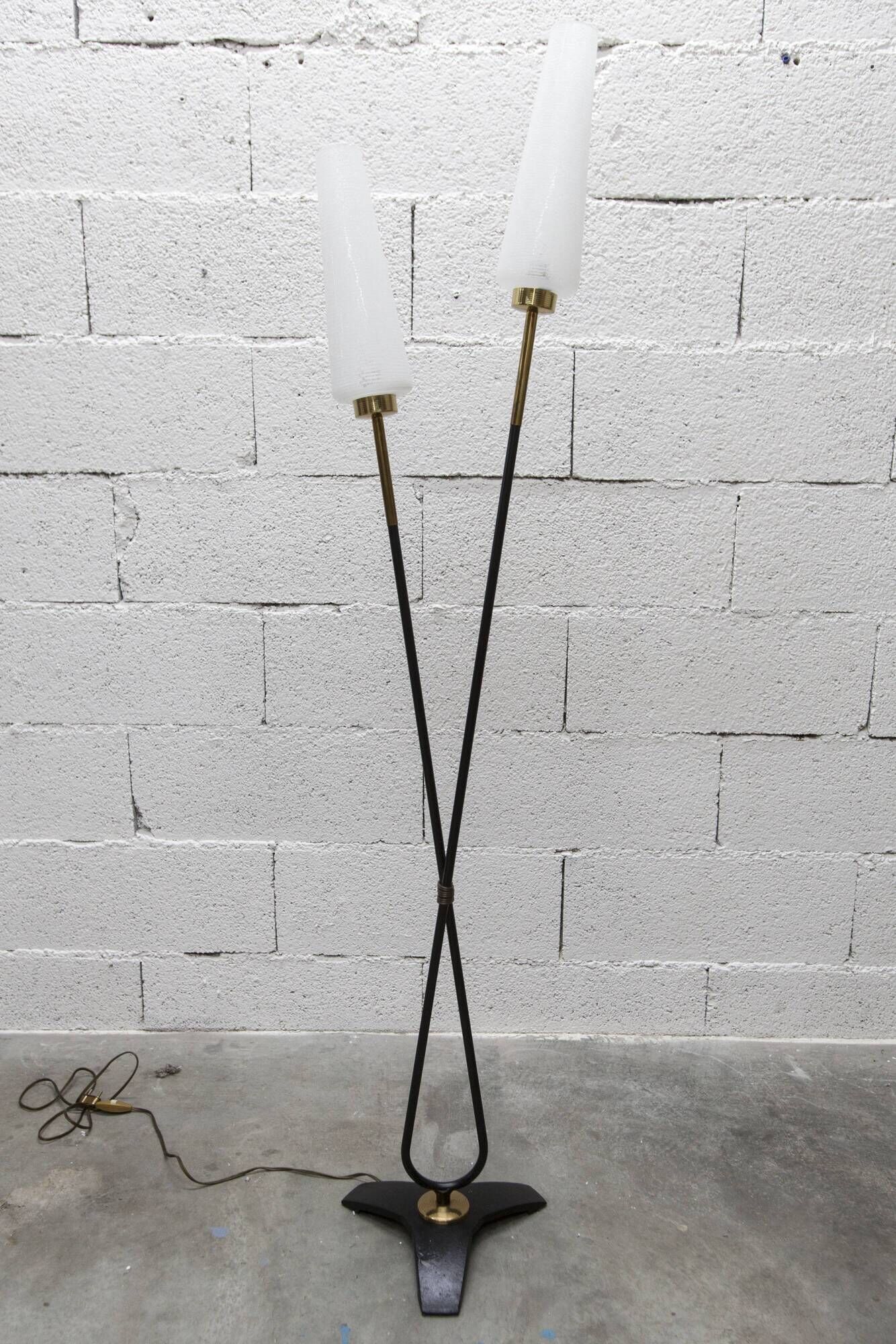 Arlus floor lamp with tripod base and 2 ribbed glass lamps 1950