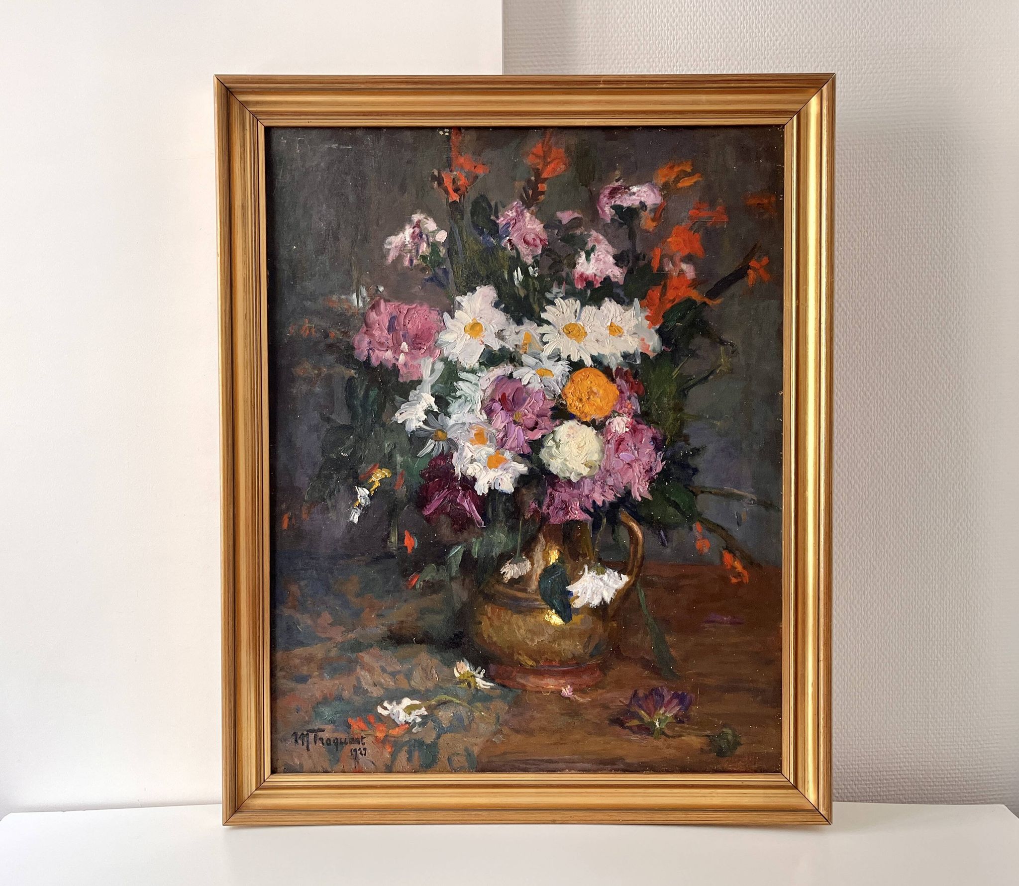 Large oil on canvas of a still life with flowers 1929, antique painting.