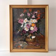 Large oil on canvas of a still life with flowers 1929, antique painting.