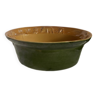 Old Oval Enameled Stoneware Dish with Wild Boar and Mushroom Hunting Motif