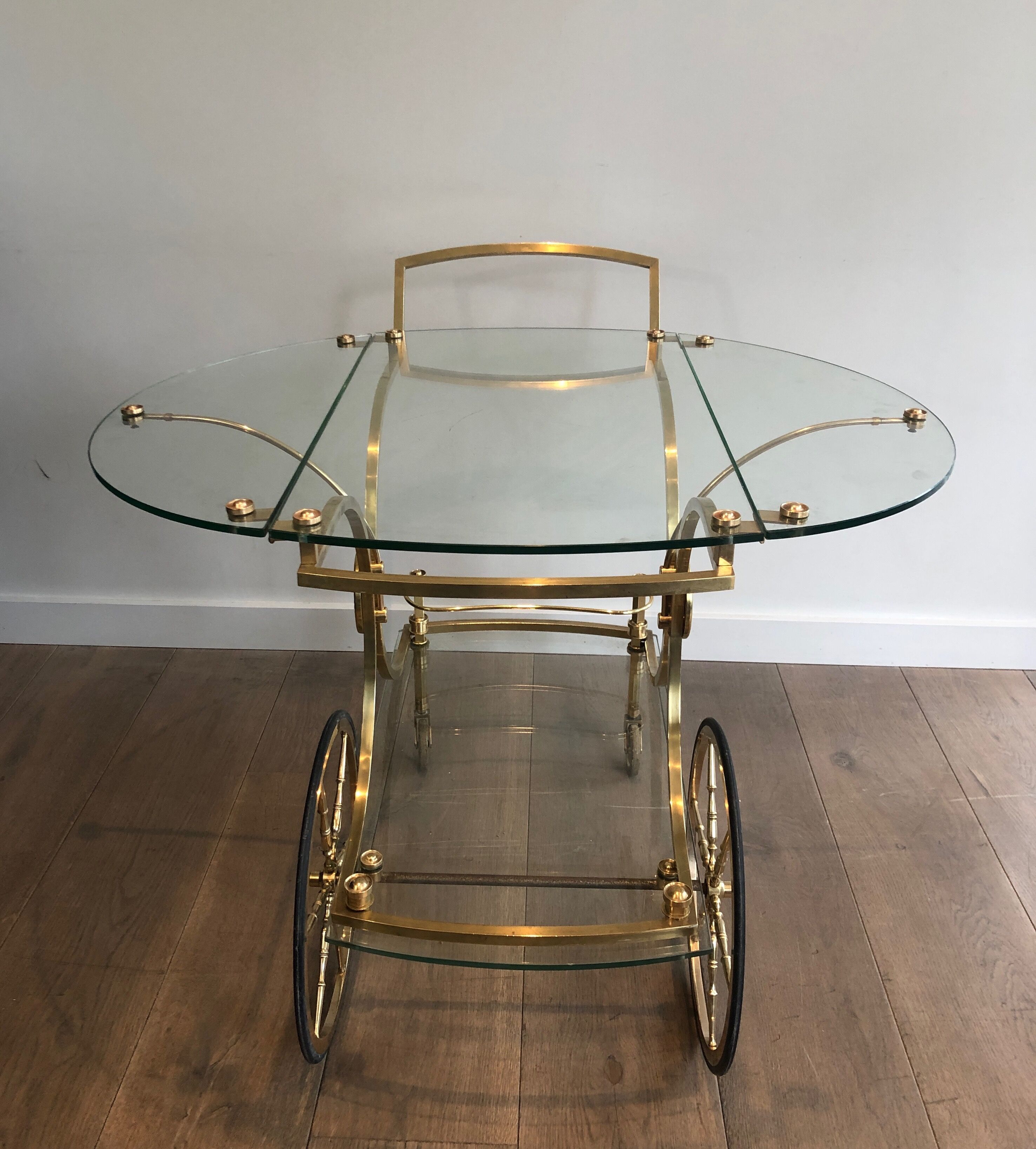 Neo classical style table in silver and gold metal and glass