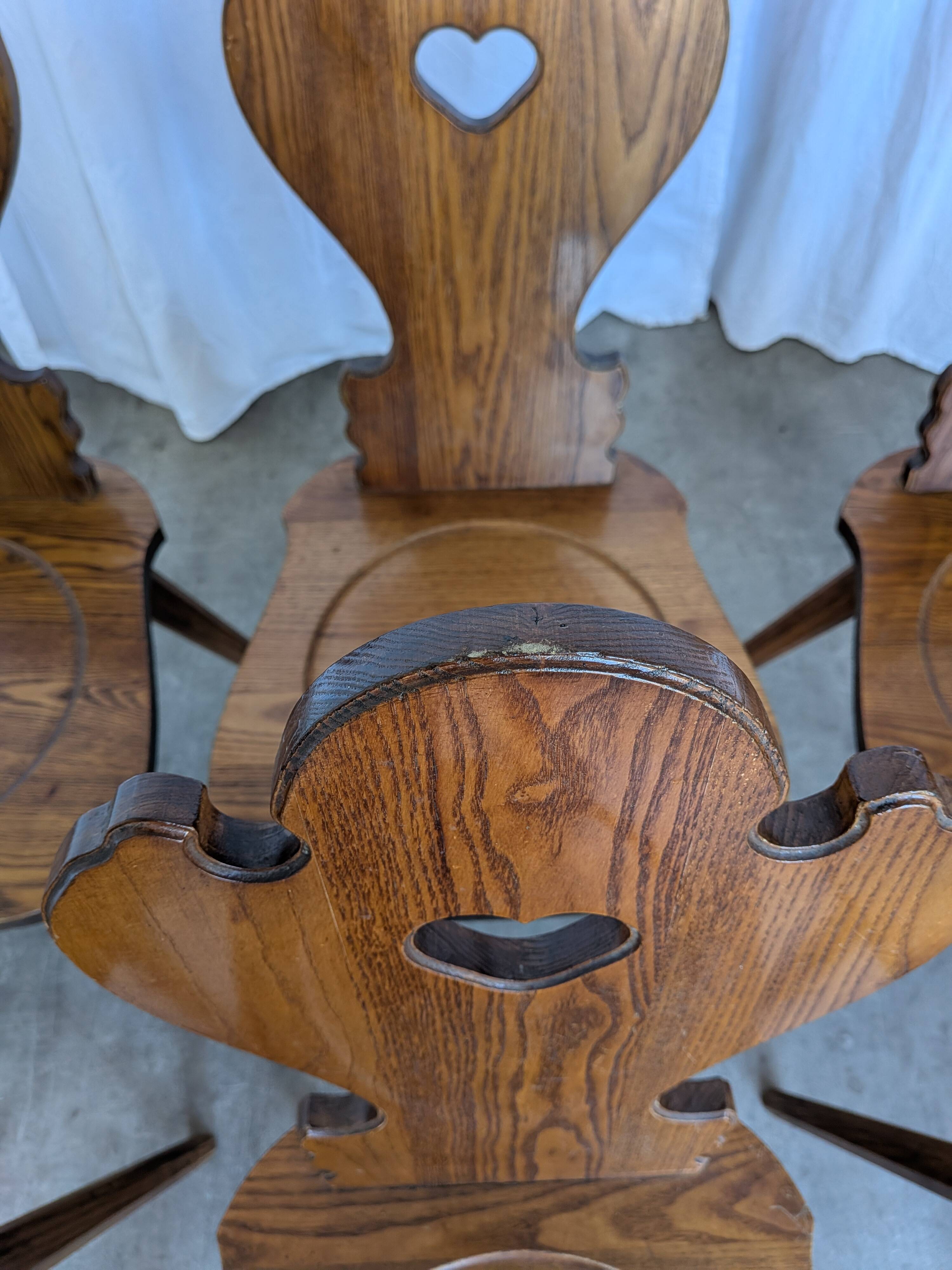 Set of 8 Farmhouse Tyrolean Chair with Heart Cutout Back / 1970s Vintage Di
