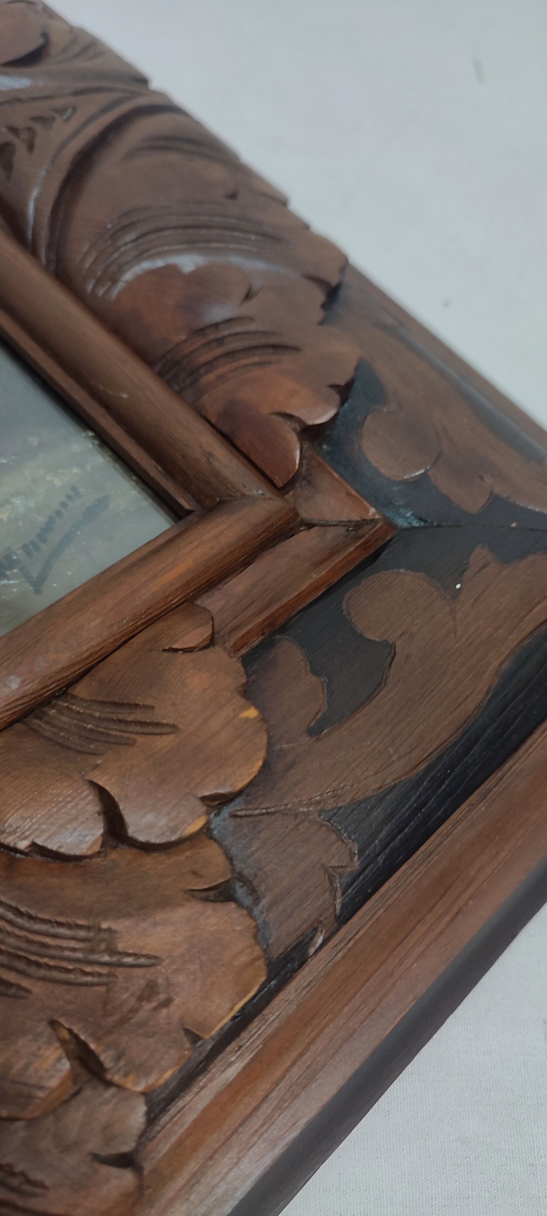 Pair of oils on cardboard with carved wooden frame. Spain 1950s.