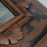 Pair of oils on cardboard with carved wooden frame. Spain 1950s.