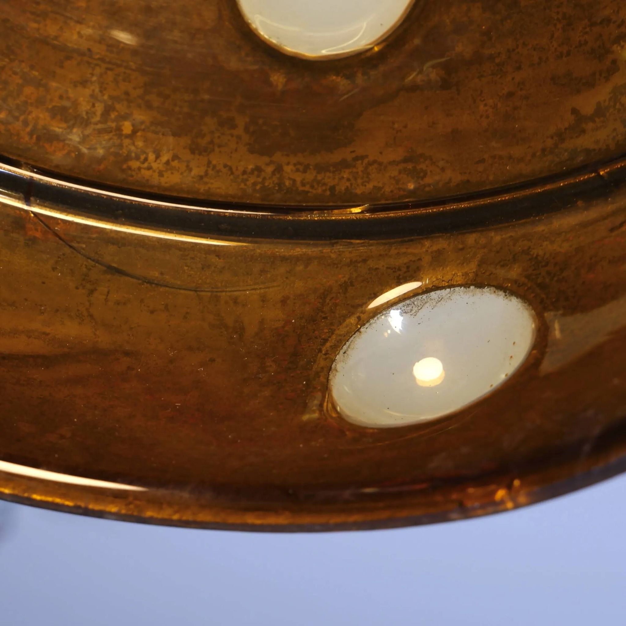 Large, globular brutalist hanging lamp in copper / glass by Peill & Putzler