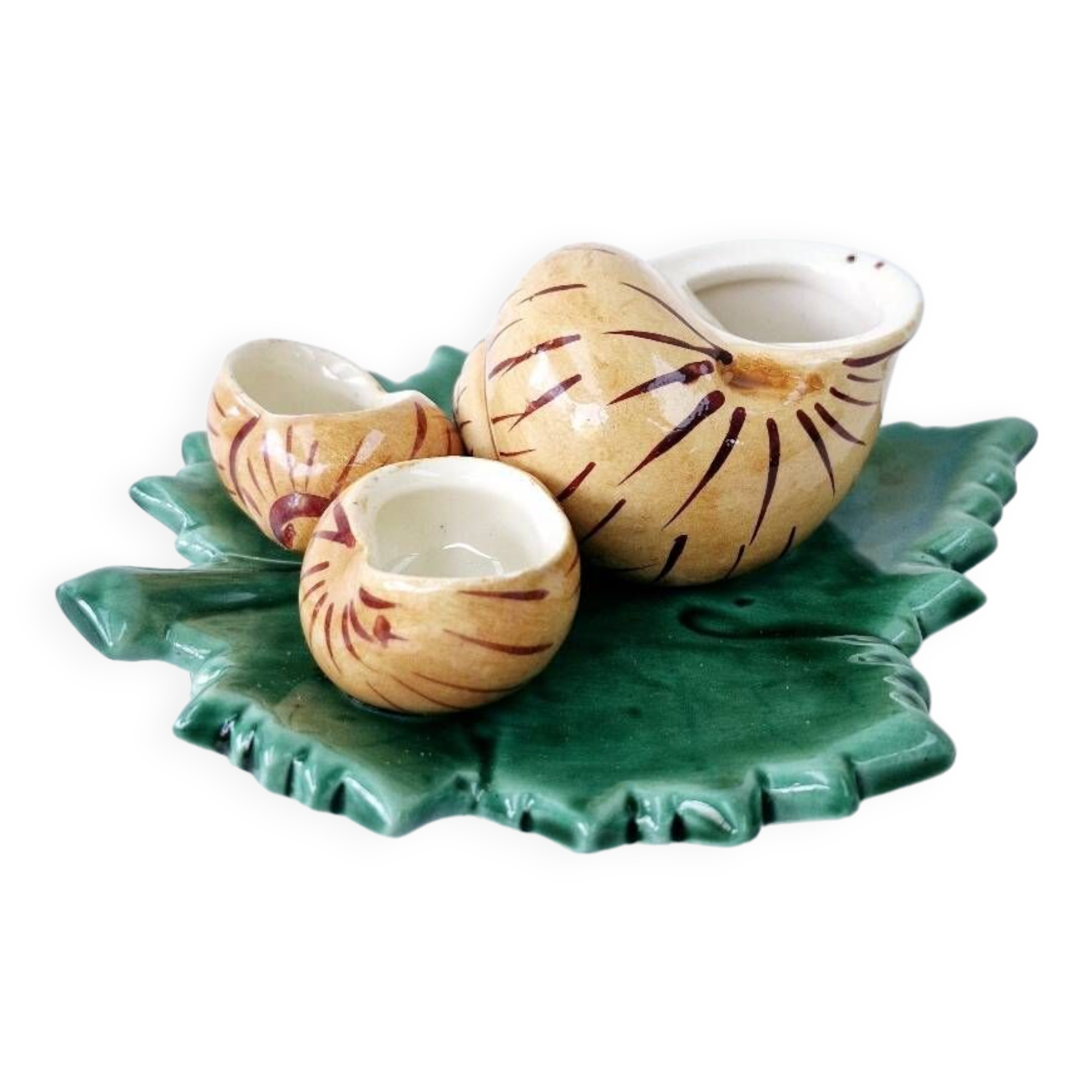 Servant Salt Pepper Mustard Ceramic DLG Vallauris Barbotine Escargot Leaf