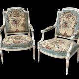 Pair of Louis XVI Cabriolet Armchairs - Lacquered and Upholstered Beech