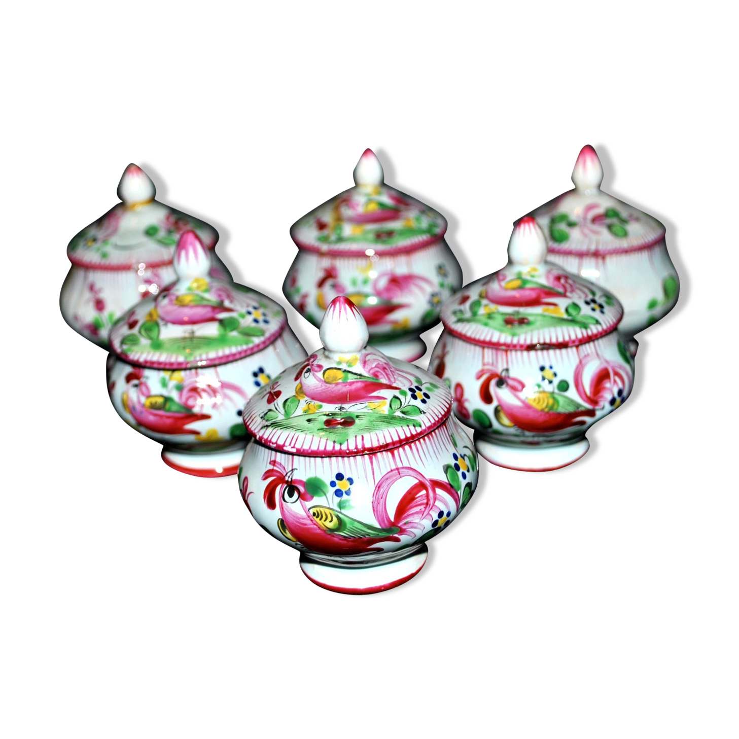 Set of 6 antique cream pots decorated with rooster decoration - Faïenceries de L'Est - Saint-Clément?