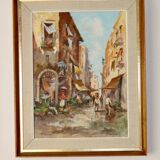 Mid-century oil on canvas painting" city street scene  " by moriani --vintage & framed