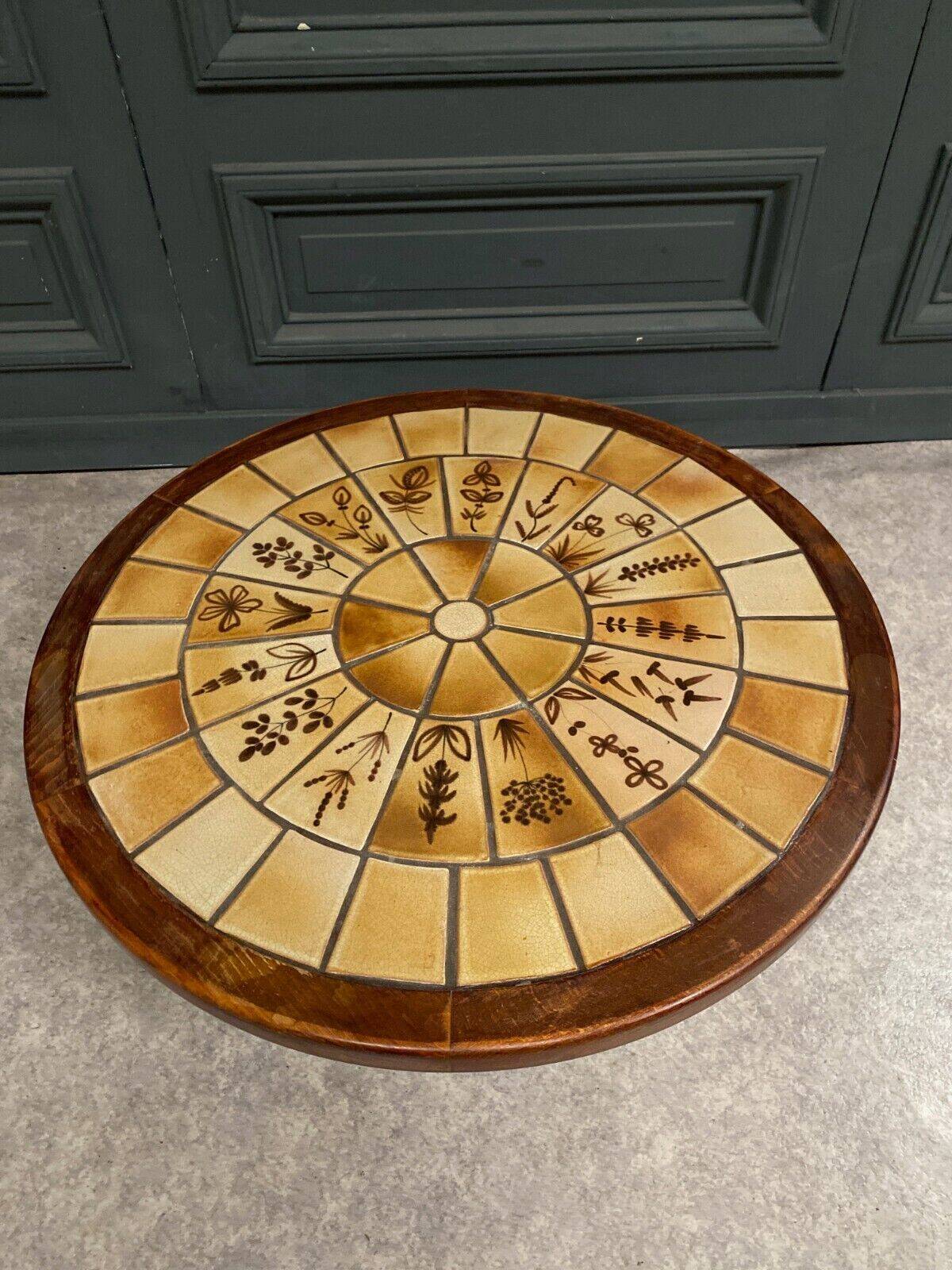 Brutalist ceramic and wood coffee table in the style of Roger Capron