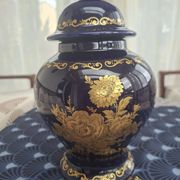 Cobalt blue porcelain bonbonnière with gold decoration on feet.