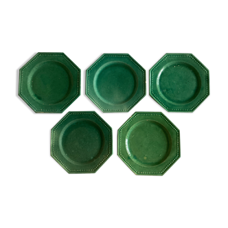 Set of 5 octagonal plates glazed clay beads 1950