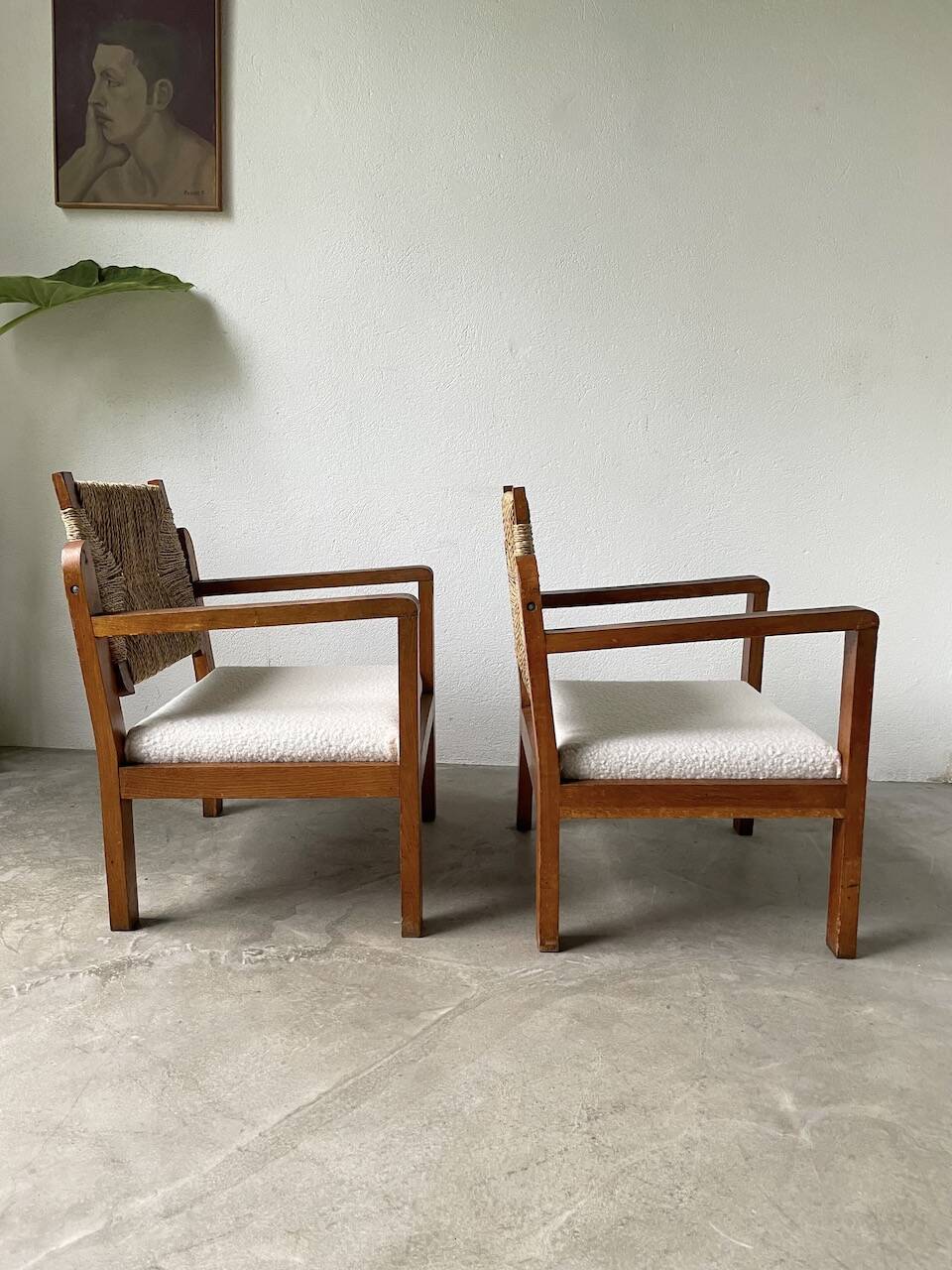 Pair of oak and straw armchairs, reconstruction style