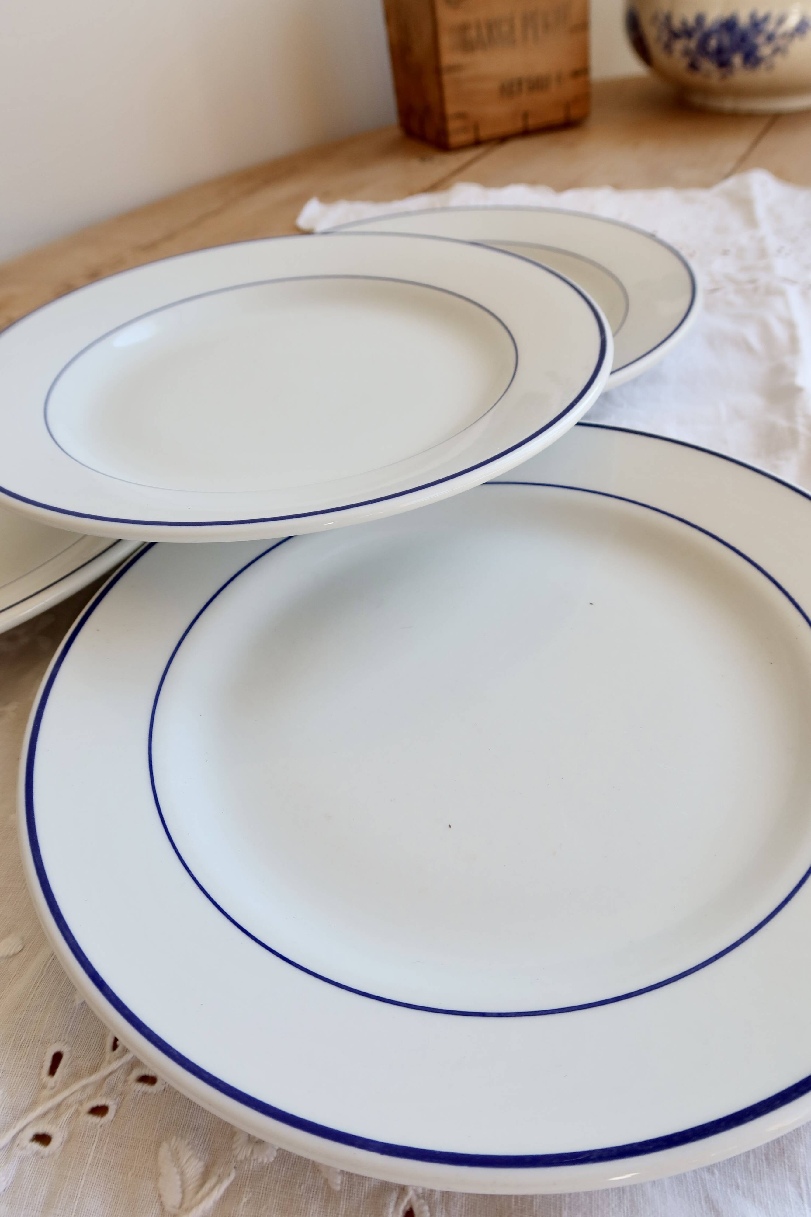 4 vintage flat plates porcelain Pyroblan Sarreguemines - Blue rim