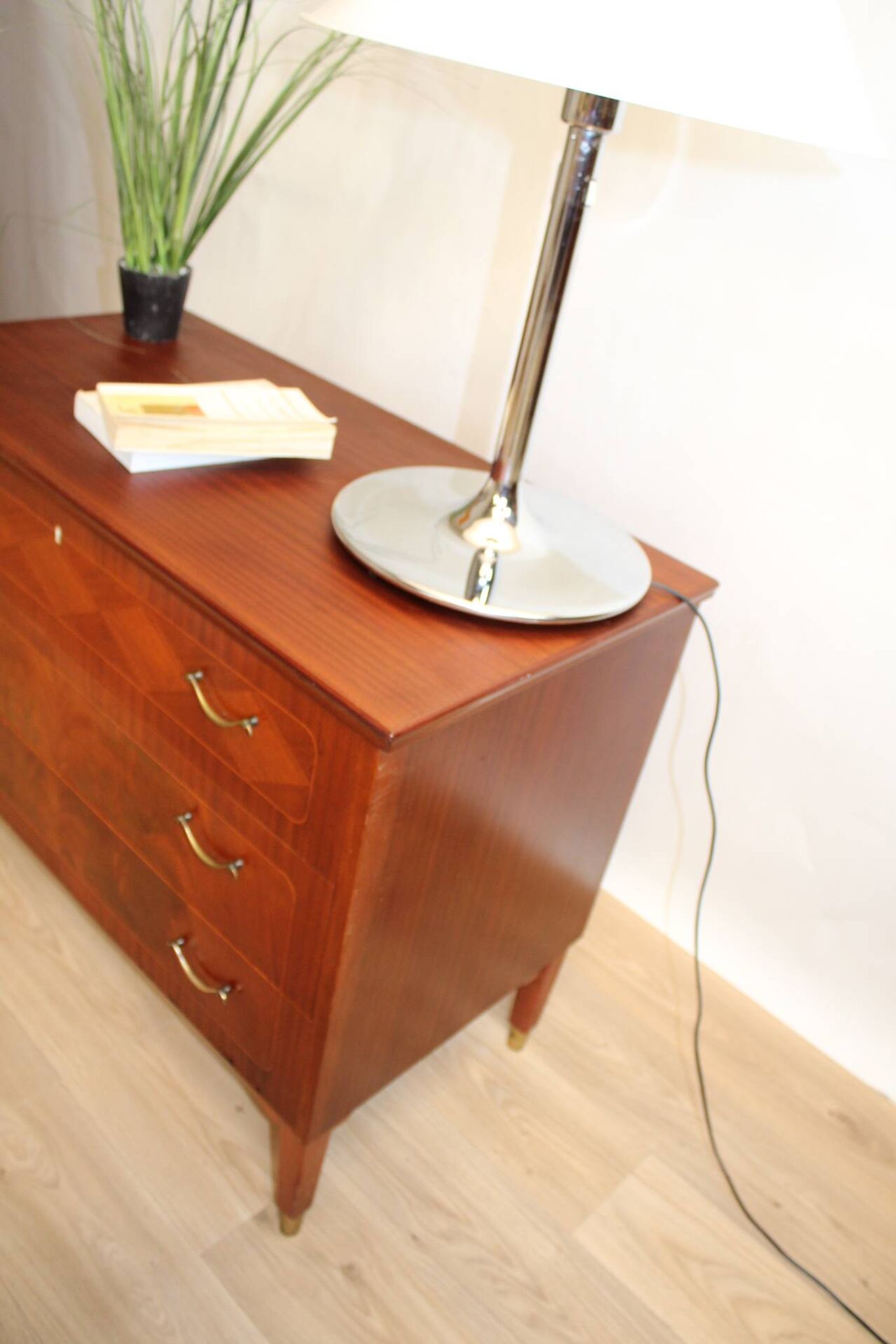 Vintage chest of drawers 3 drawers double handles and brass feet 1960s suede
