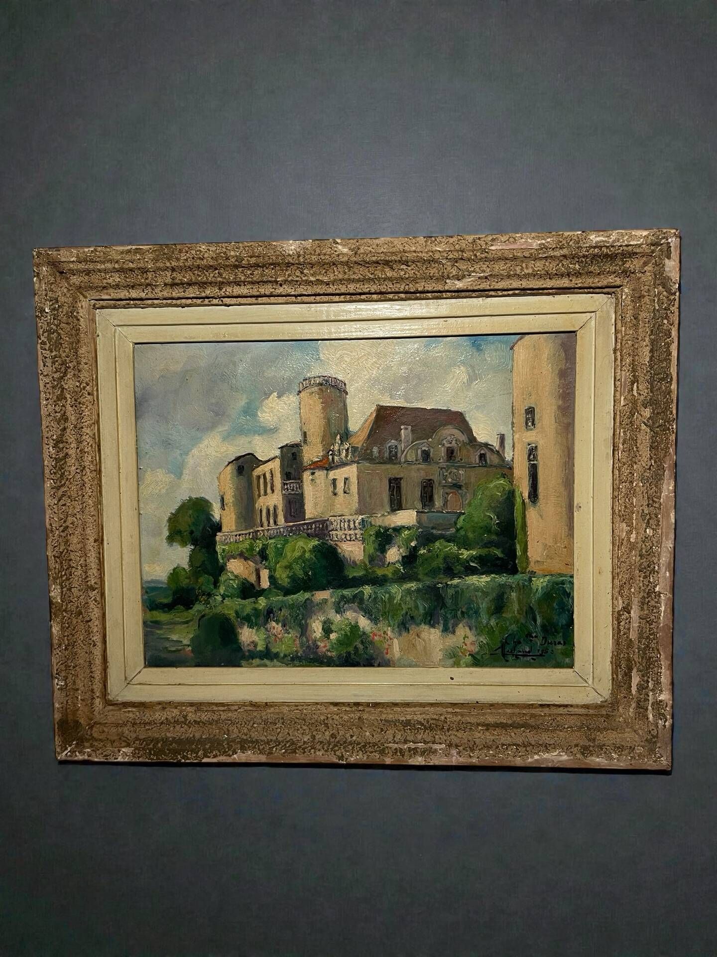 Old French painting signed and dated 1952 – Castle and garden – Oil