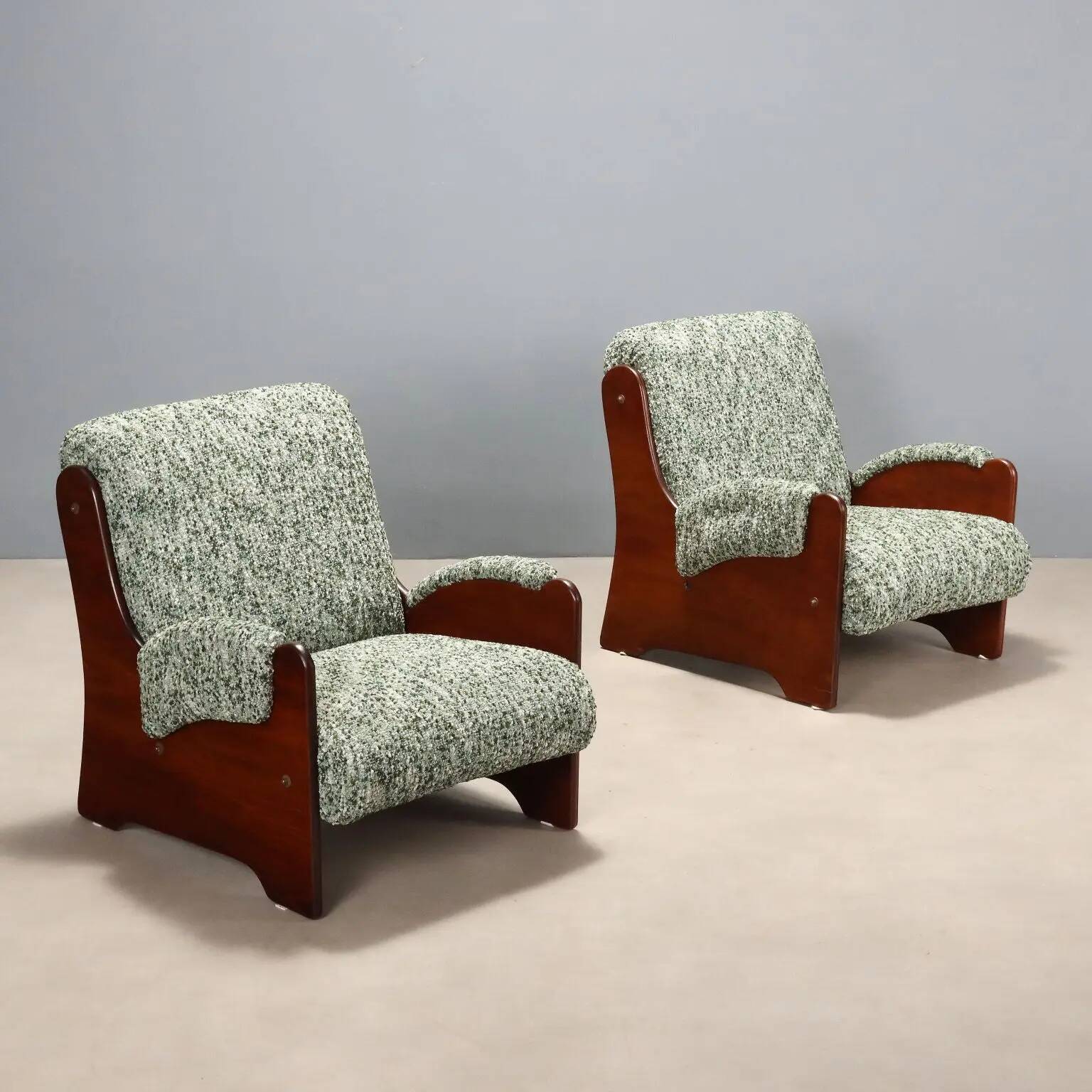 Paire de fauteuils vintage en bois et tissu, design, Italie, années 1960