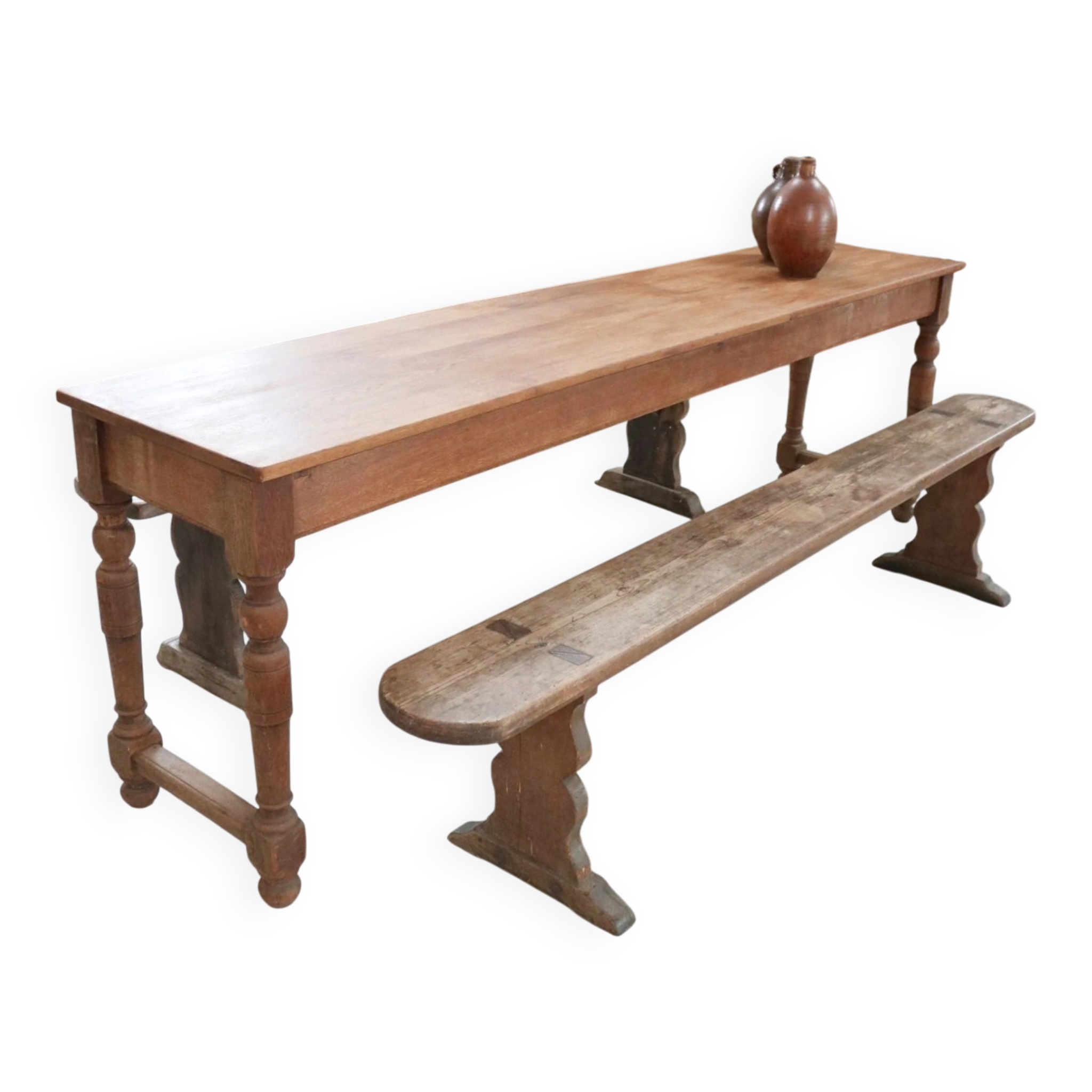Long antique oak table with turned legs – 239 cm