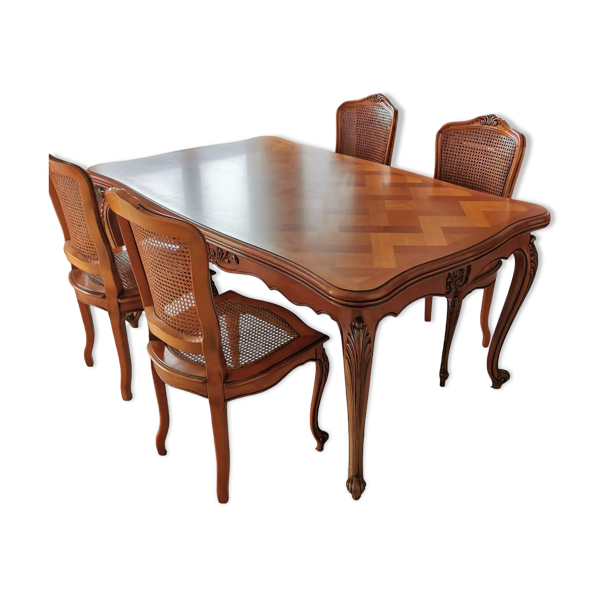Table parquet de Versailles style Louis XV et ses 4 chaises en excellent état