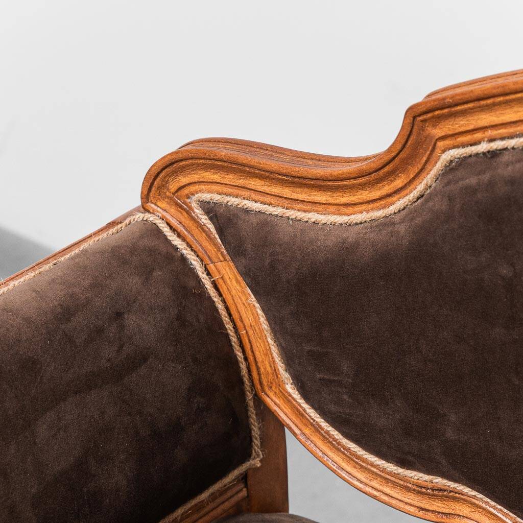 Vintage bench in brown velvet and carved wood, 1950s modernism