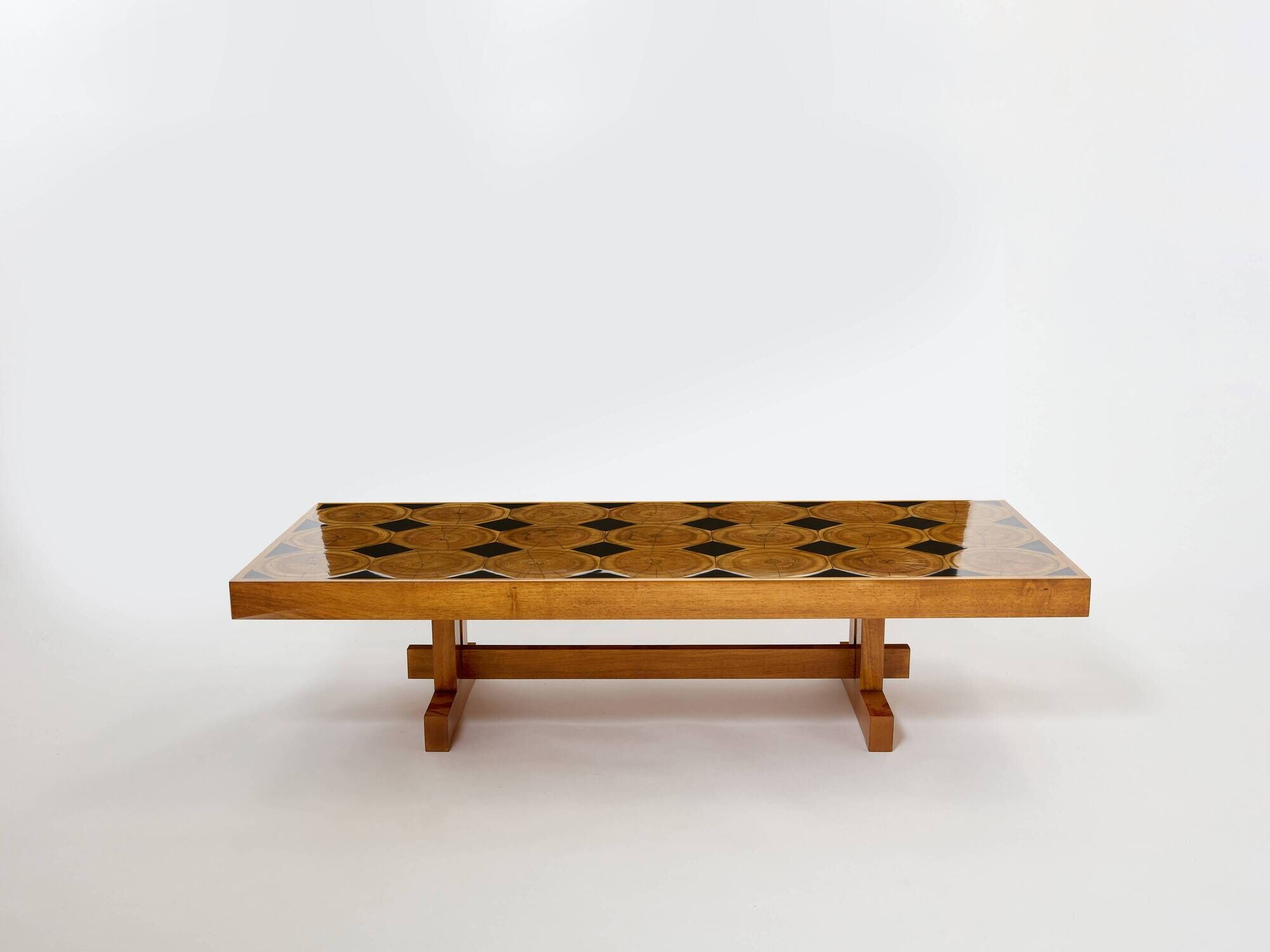 Large modernist coffee table in oak petrified wood slate 1960Large modernist coffee table in oak