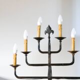 Grand Brutalist floor lamp in wrought iron, six lights, 1970.