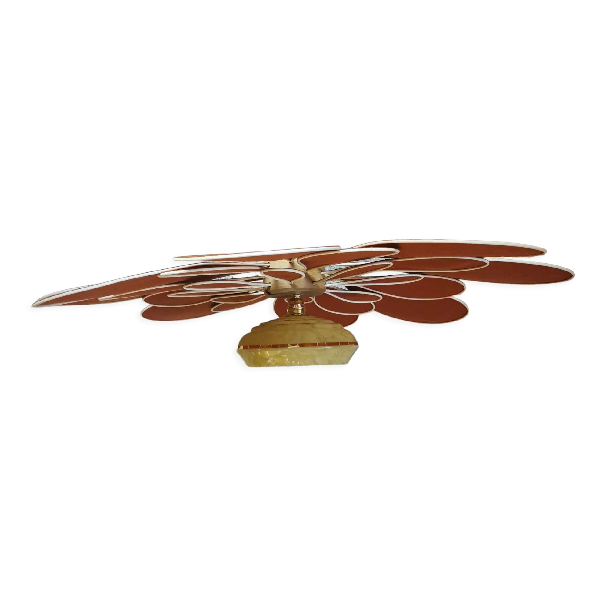 Suspension flower vintage globe and petals in linen and rattan