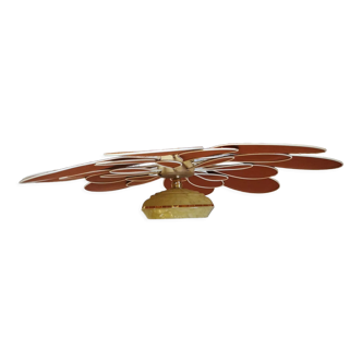 Suspension flower vintage globe and petals in linen and rattan