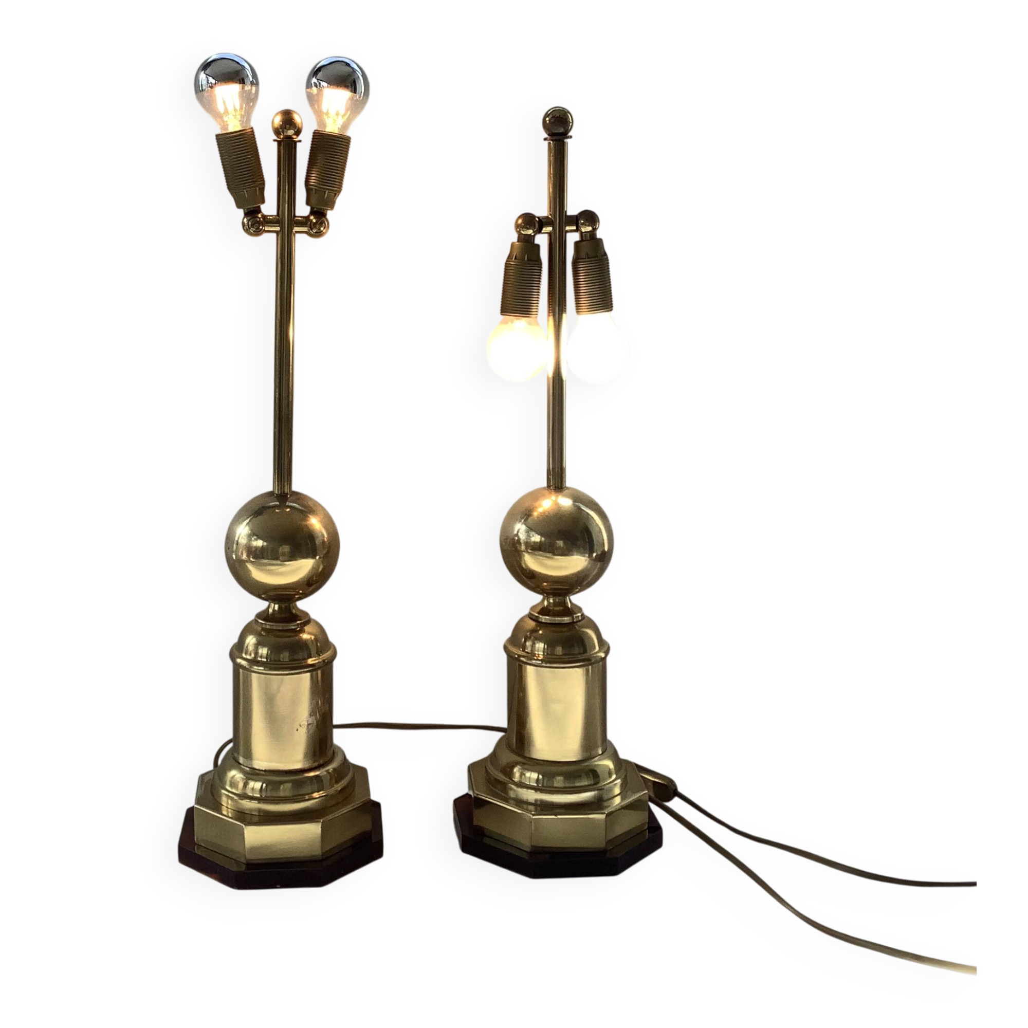 Pair of 2 Vintage Chic Articulated Brass Bakelite Amber Ball Lamps