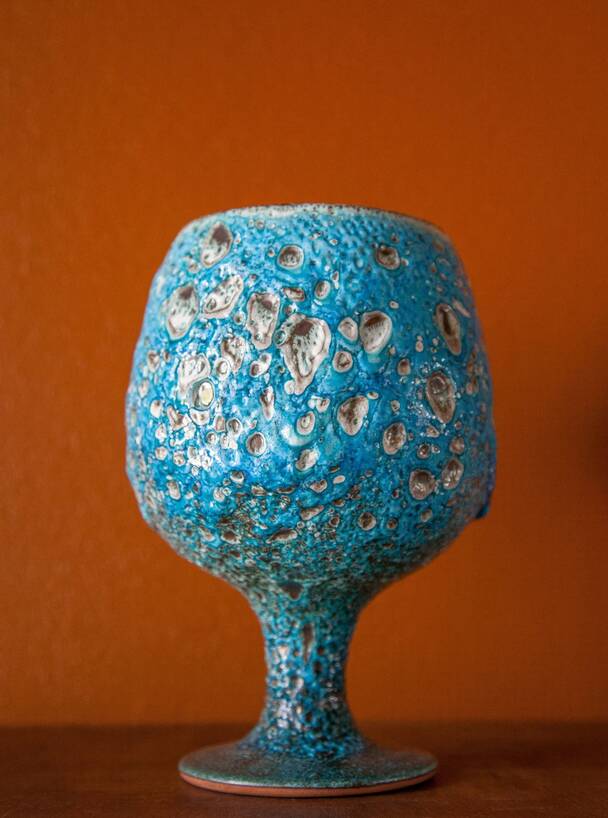 Fat Lava turquoise ceramic cup, blue crater ceramic vase, turquoise emaux, chalice, Cyclops